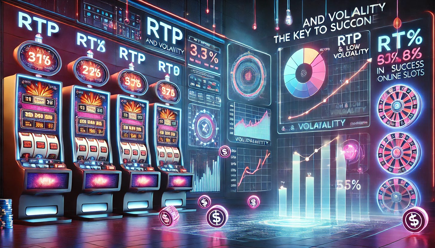 A modern and visually engaging digital artwork for a website cover featuring the theme 'RTP and Volatility: The Key to Success in Online Slots'. The image highlights a futuristic casino environment with digital slot machines displaying RTP percentages and volatility levels. A sleek digital interface shows graphs and charts analyzing slot payout trends, with floating icons representing high and low volatility games. The scene is illuminated with neon lights and glowing jackpot symbols, creating an exciting yet informative atmosphere. The overall design should convey both entertainment and strategic understanding of slot mechanics.