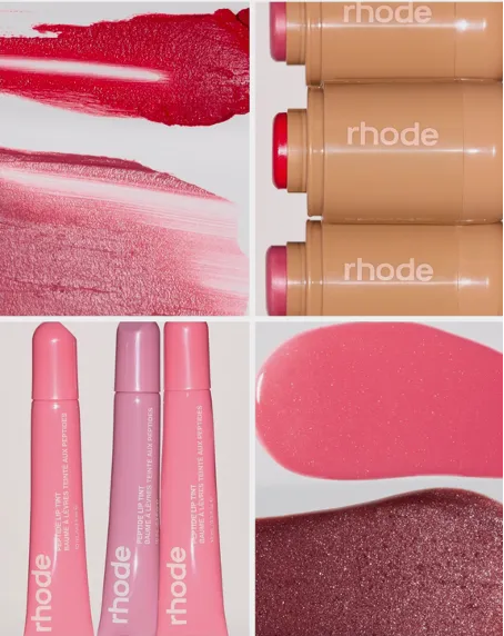 A four-image grid featuring swatches of Rhode Pocket Blush in Teacup and Candy Apple alongside the new Peptide Lip Tint shades Sweet Pea and Pretzel.