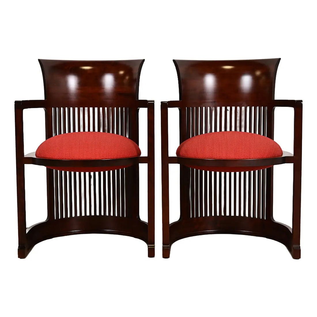 Frank Lloyd Wright for Cassina Arts & Crafts Dark Cherry Wood Barrel Chairs, Pair