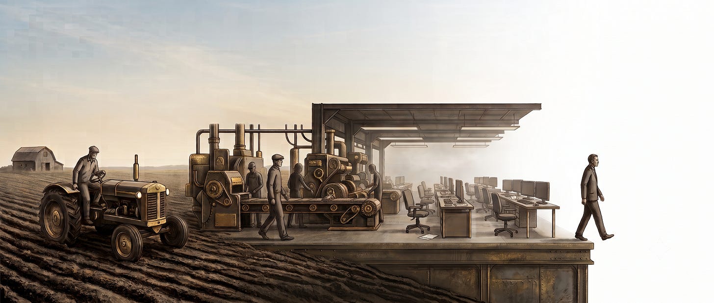 A lone office worker steps off the edge of a raised floor; behind him stretch the eras of work — a tractor in a field, a factory, rows of office desks — and ahead of him there is nothing but empty space