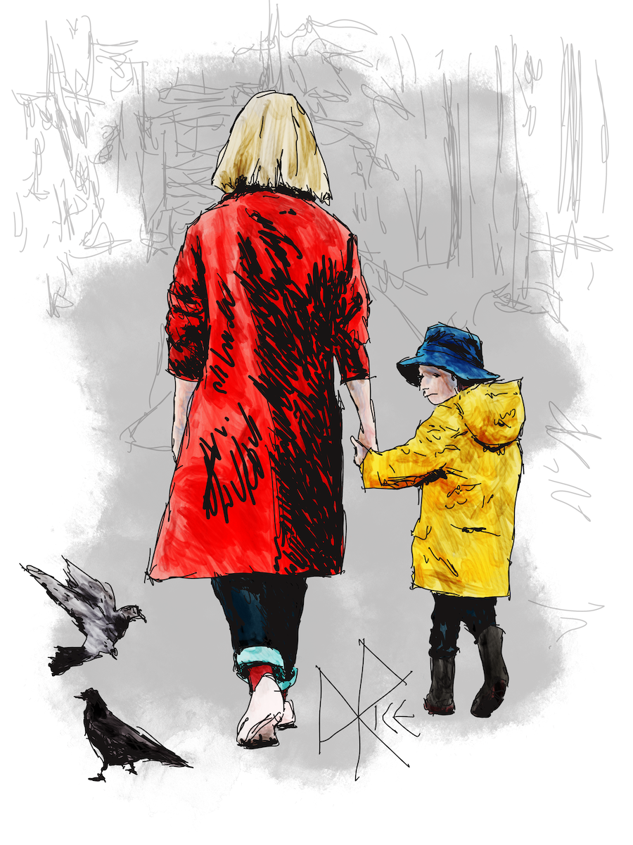 Backs to the viewer, a woman and child hold hands and stroll down a sidewalk. The child’s head is turned back to their rear in full alert, as an attempt to track the sounds and motions of two busy pigeons. Sketch art by Don Rice. Backs to the viewer, a woman and child hold hands and stroll down a sidewalk. The child’s head is turned back to their rear in full alert, as an attempt to track the sounds and motions of two busy pigeons. Sketch art by Don Rice.