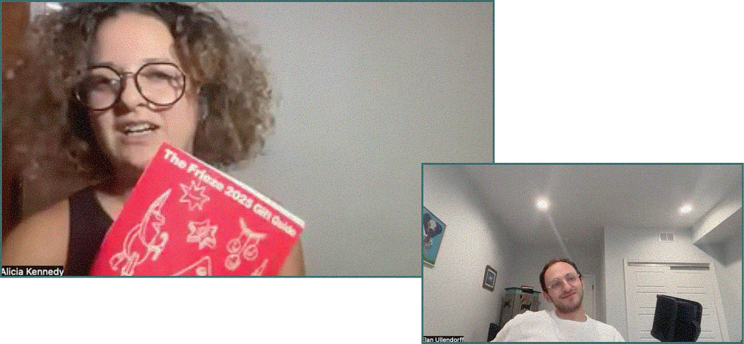 Alicia holds up a copy of the Frieze 2025 Gift Guide