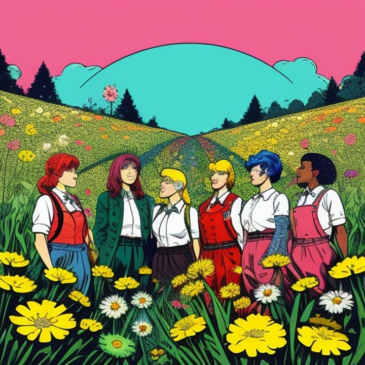 Cartoon, bold coloured drawn images of femmes in varying types of suspenders - mostly aprons and lederhosen like garments amidst bright backgrounds and flowers.