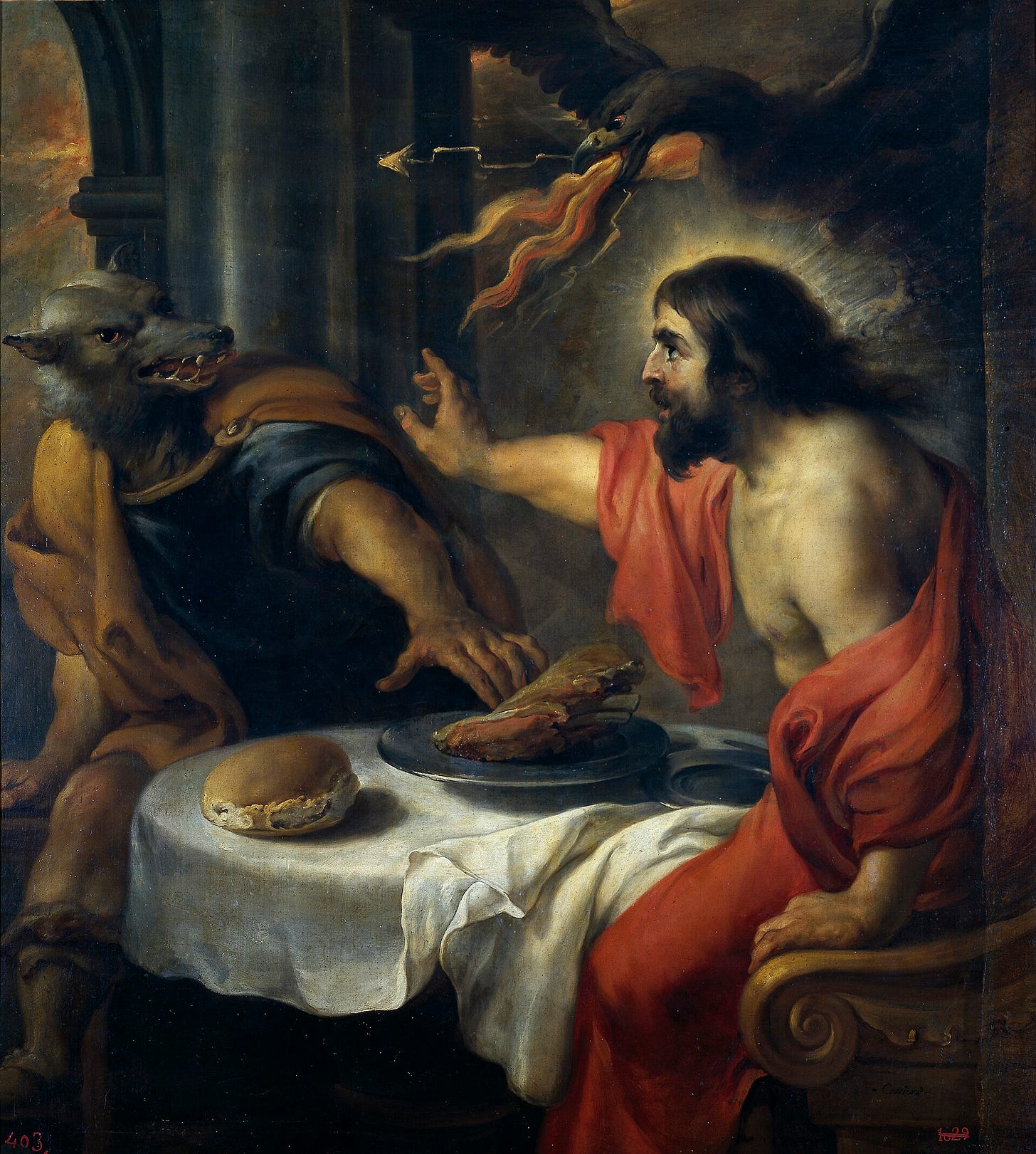 Painting of a dinner table: on the right Jupiter in a red cloak with a halo raises his hand, on the left a man with a wolf's head pulls back, and above them an eagle swoops down with a thunderbolt. Painting of a dinner table: on the right Jupiter in a red cloak with a halo raises his hand, on the left a man with a wolf's head pulls back, and above them an eagle swoops down with a thunderbolt.