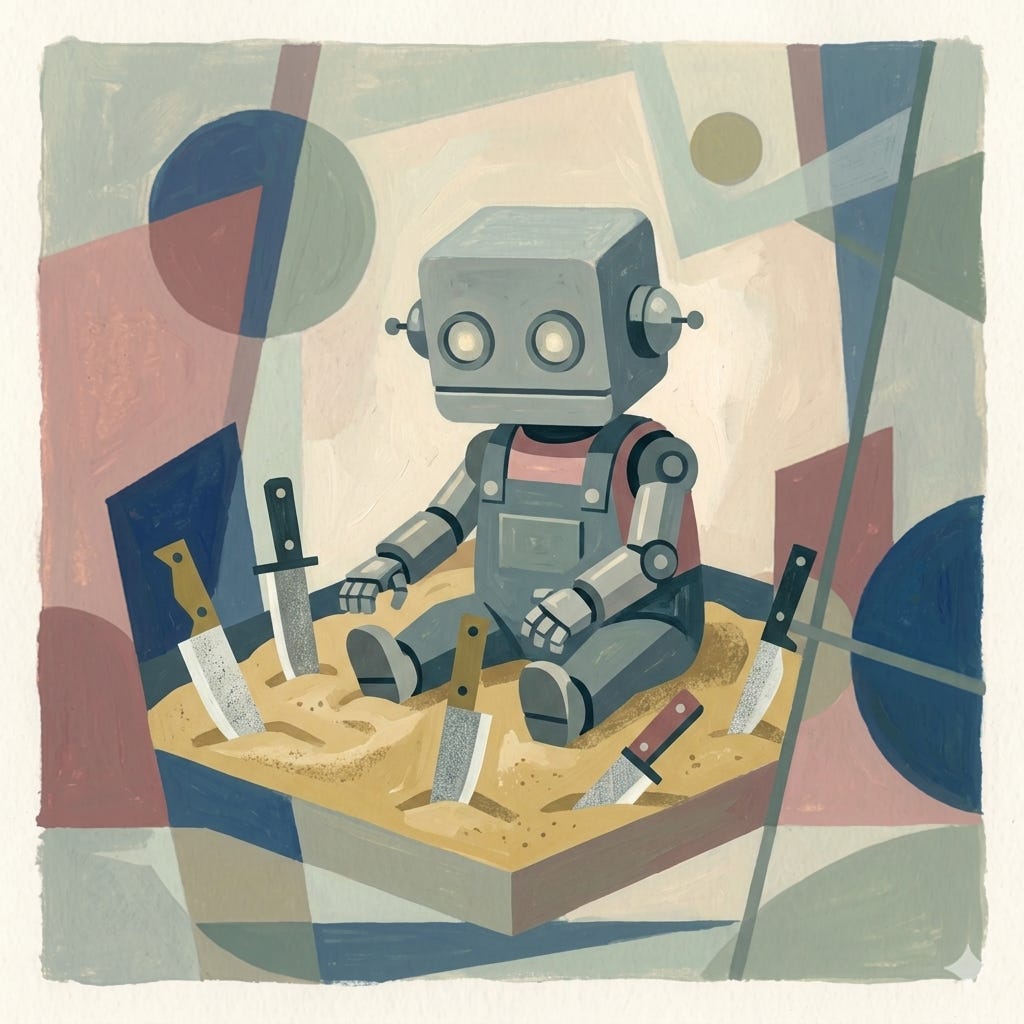 A toddler robot plays in a sandbox full of knives