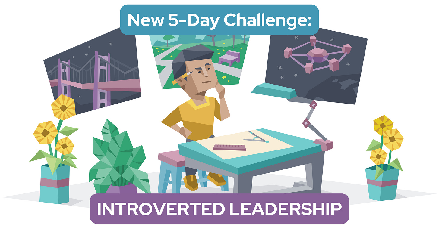 A man pondering – he sits at a desk while his thoughts about architecture, nature, and space are projected behind him. Text reads: New 5-Day Challenge: Introverted Leadership A man pondering – he sits at a desk while his thoughts about architecture, nature, and space are projected behind him. Text reads: New 5-Day Challenge: Introverted Leadership
