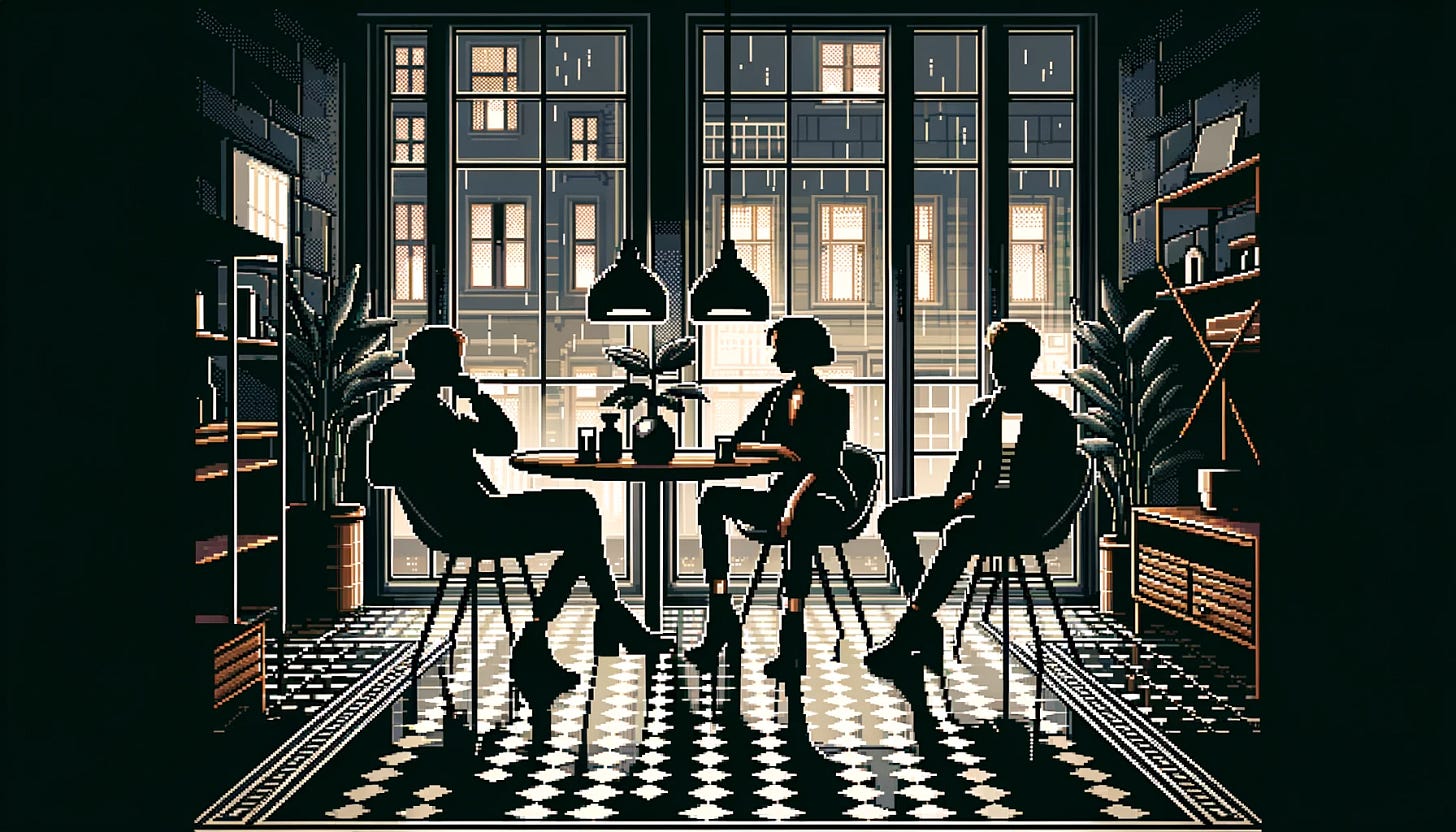 Create an image showing the three stylish silhouettes, two men and one woman, now seated at a Saarinen table in a smaller, cozier bohemian apartment. It's deep into the night, so no light should be coming through the windows. The black-and-white geometric tiled floor should reflect the soft glow of indoor lighting, emphasizing the intimate and exclusive late-night vibe. The silhouettes should be wearing chic, understated black denim and boots. Continue with the 16-bit SNK Neo-Geo cutscene aesthetics, ensuring detailed pixelated textures and a rich, dark color palette to truly convey the essence of night.