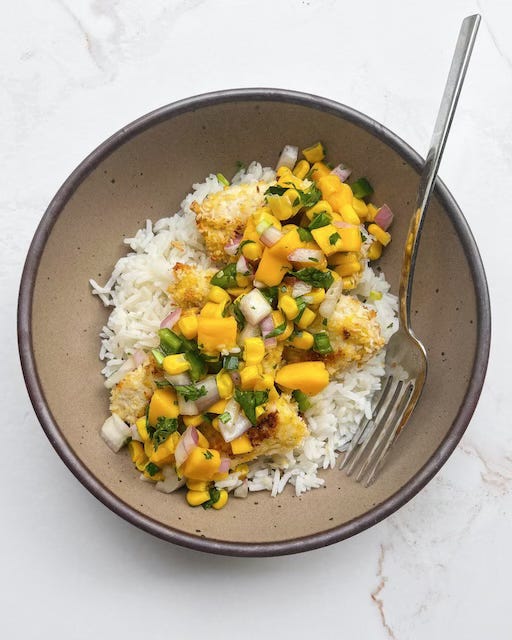 Coconut Chicken Bowl with Mango Corn Salsa