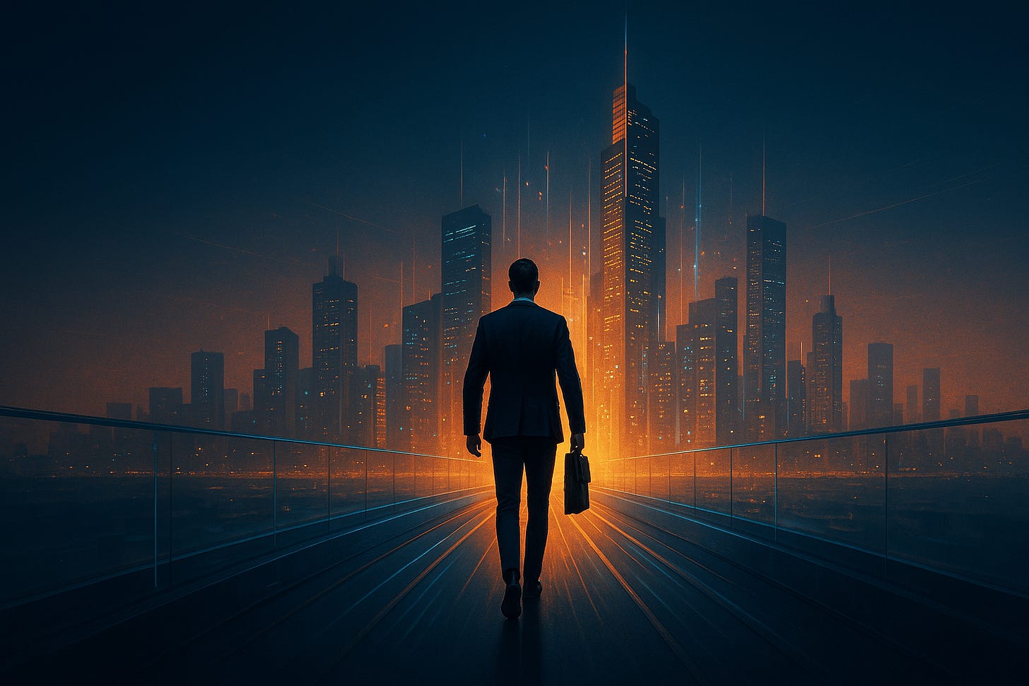A professional figure walks confidently across a glowing futuristic bridge toward a bright digital skyline, symbolizing career transformation, adaptability, and the future of work.