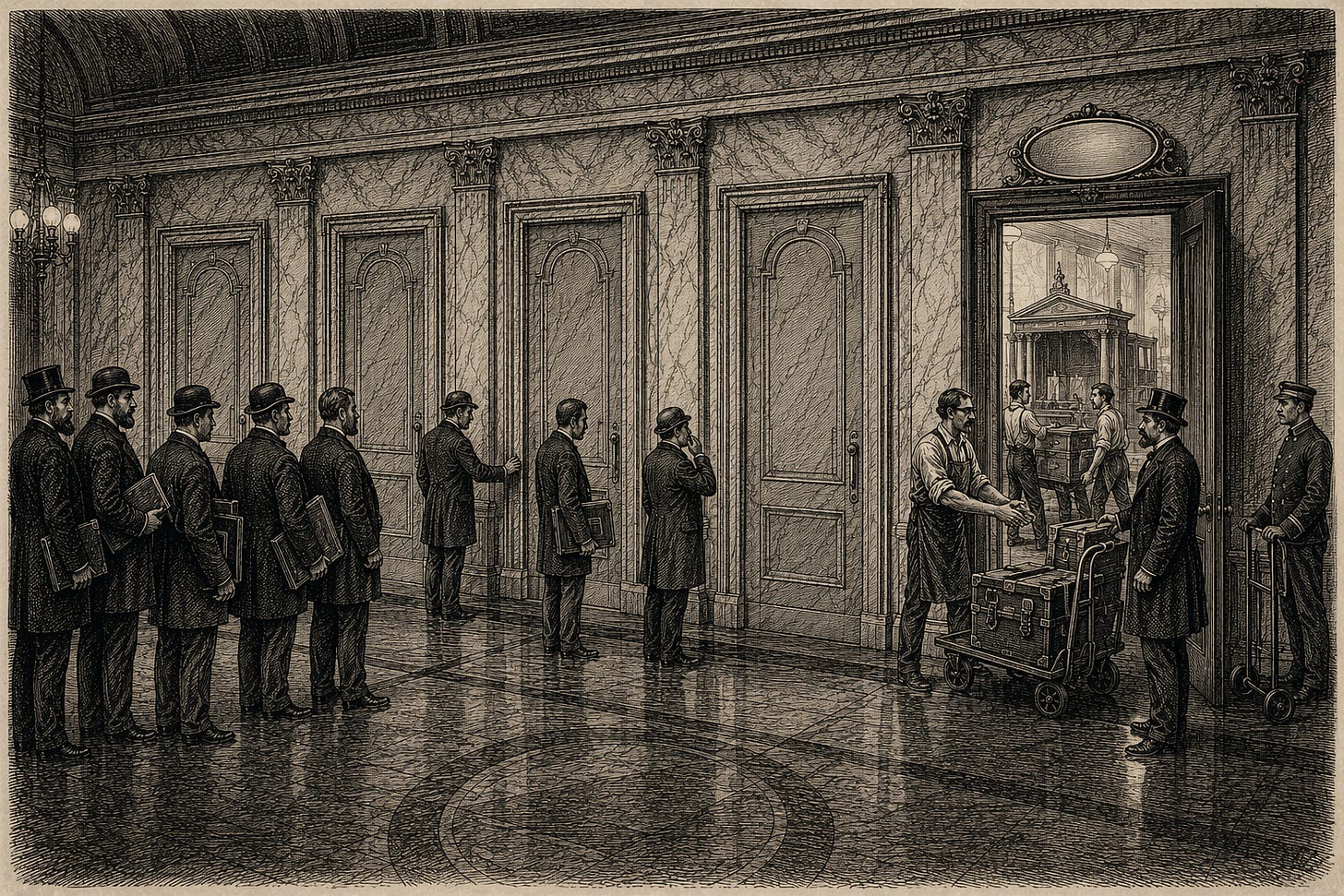 Wood-engraving editorial illustration in the Thomas Nast Harper's Weekly style for Attention Capital's essay The Exit Wave, Section III: The Costume. In a grand financial lobby, five monumental doorframes line the wall: four are painted in trompe-l'oeil on solid stone, and only the fifth is real, standing open while movers carry a business's entire contents out through it and a proprietor shakes a buyer's hand. The image argues the essay's thesis that a creator company founder's financing menu, senior debt, revolver, mezzanine, recapitalization, lists instruments that do not open, leaving the sale as the one working exit. Keywords: creator credit, creator economy financing, senior secured lending, media M&A, attention capital. Wood-engraving editorial illustration in the Thomas Nast Harper's Weekly style for Attention Capital's essay The Exit Wave, Section III: The Costume. In a grand financial lobby, five monumental doorframes line the wall: four are painted in trompe-l'oeil on solid stone, and only the fifth is real, standing open while movers carry a business's entire contents out through it and a proprietor shakes a buyer's hand. The image argues the essay's thesis that a creator company founder's financing menu, senior debt, revolver, mezzanine, recapitalization, lists instruments that do not open, leaving the sale as the one working exit. Keywords: creator credit, creator economy financing, senior secured lending, media M&A, attention capital.