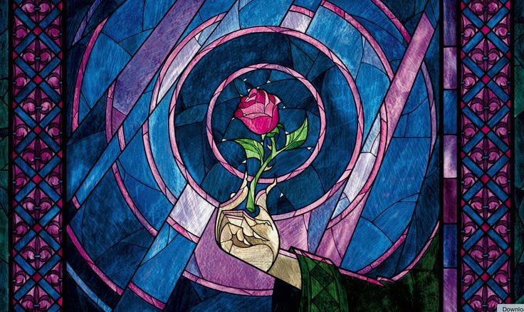 This may contain: a stained glass window with a person holding a rose This may contain: a stained glass window with a person holding a rose