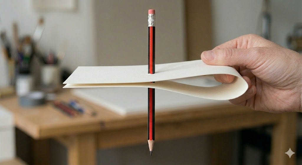 A picture of a hand holding a piece of paper folded in two. A pencil has been stabbed through the paper. A picture of a hand holding a piece of paper folded in two. A pencil has been stabbed through the paper.