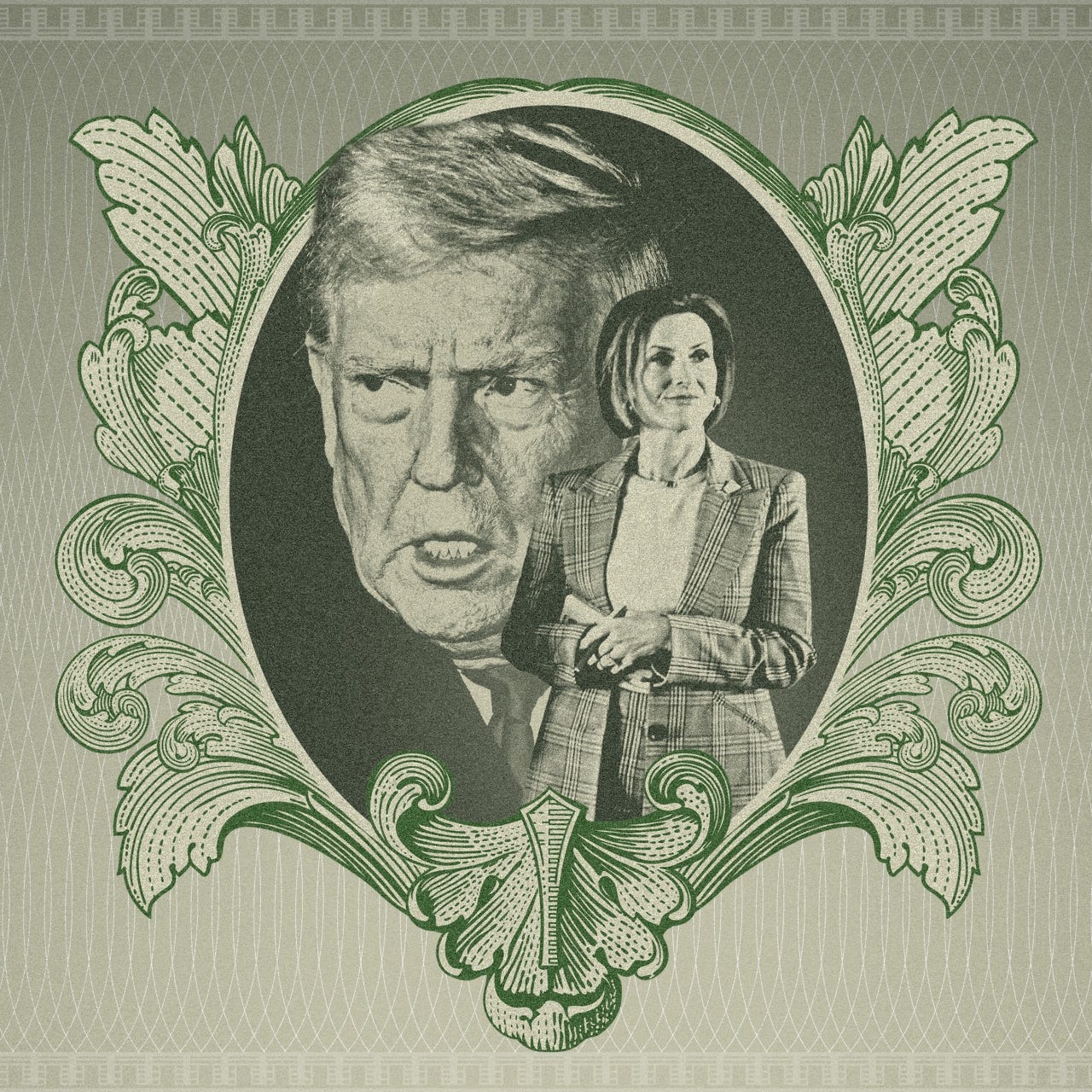 Illustration of Donald Trump and Meredith O'Rourke on a dollar bill-like background.