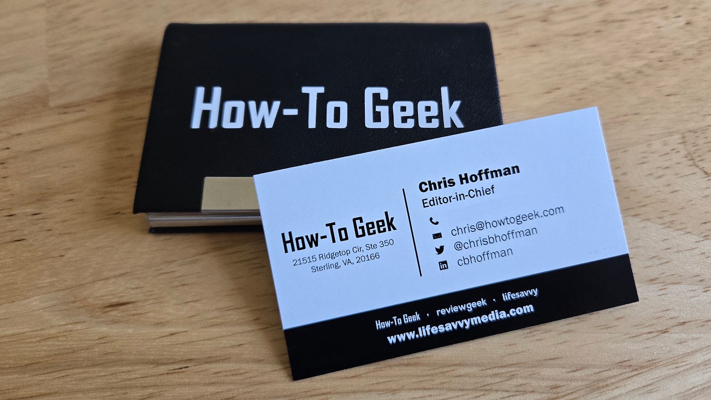 Chris Hoffman's How-To Geek Editor-in-Chief business card.