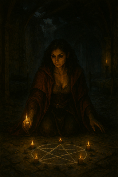 A dark fantasy image of Ezmerelda, visually reminiscent of Morena Baccarin, creating her seance circle in the middle of the barracks floor. She is the only figure present. Ezmerelda kneels on cracked stone tiles, her dark curls falling around her face as she arranges candles and chalk sigils with focused care. She wears a deep crimson cloak over worn traveling leathers, the fabric pooling around her. The barracks are weathered and half-ruined—broken bunks, shattered beams, and moss creeping through the cracks. Moonlight filters through a collapsed section of the roof, mingling with the flickering glow of her candles. The atmosphere is mystical, solemn, and intimate. A dark fantasy image of Ezmerelda, visually reminiscent of Morena Baccarin, creating her seance circle in the middle of the barracks floor. She is the only figure present. Ezmerelda kneels on cracked stone tiles, her dark curls falling around her face as she arranges candles and chalk sigils with focused care. She wears a deep crimson cloak over worn traveling leathers, the fabric pooling around her. The barracks are weathered and half-ruined—broken bunks, shattered beams, and moss creeping through the cracks. Moonlight filters through a collapsed section of the roof, mingling with the flickering glow of her candles. The atmosphere is mystical, solemn, and intimate.