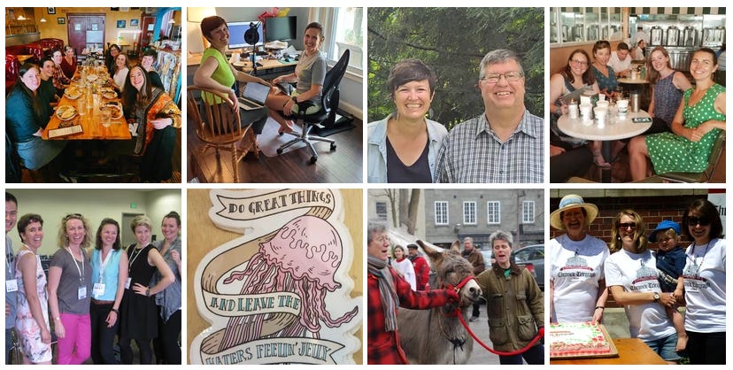 Gallery of 4 images each on two rows. Each image shows smiling people working together.