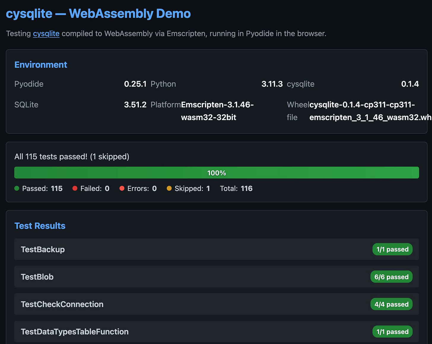 Screenshot of the cysqlite WebAssembly Demo page with a dark theme. Title reads 