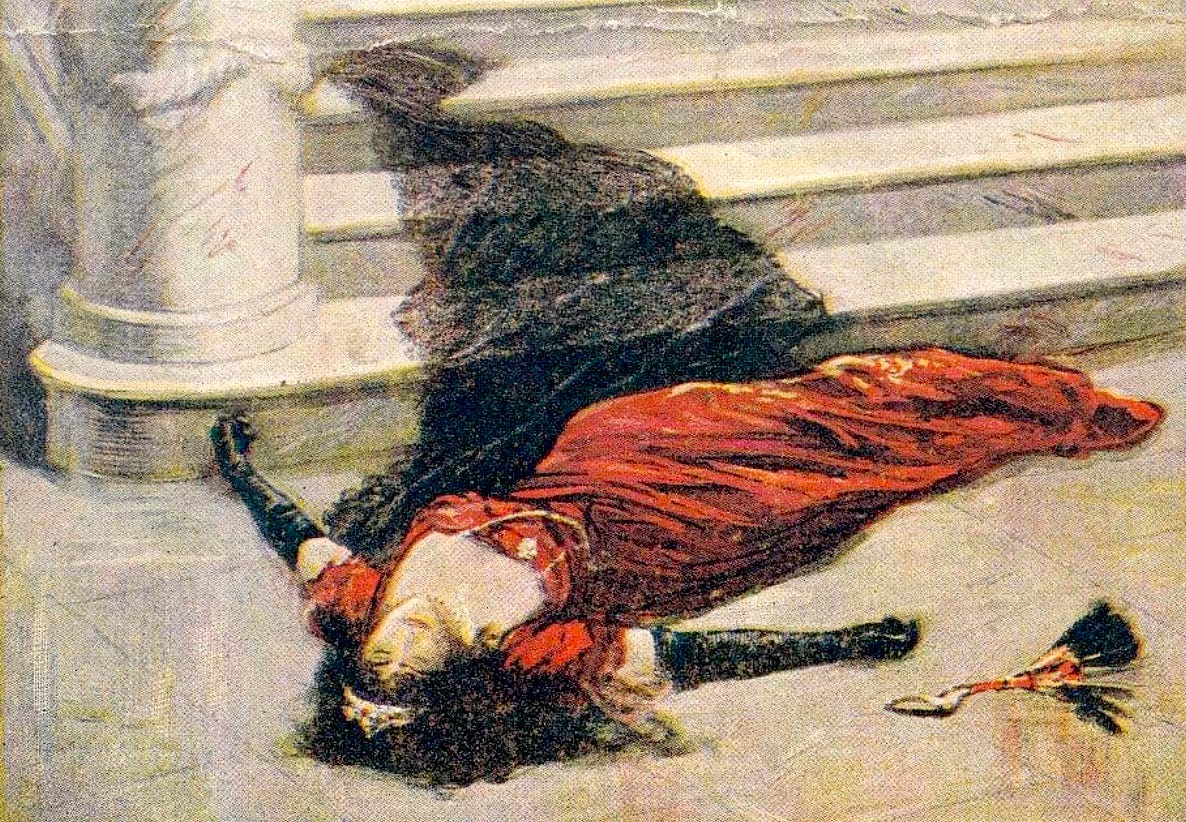 A vintage pulp illustration of a woman's body at the base of a staircase
