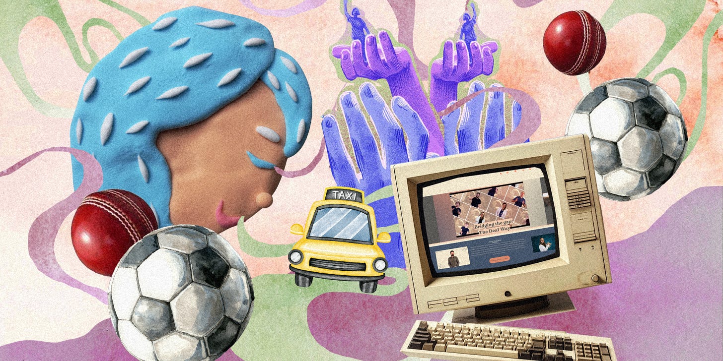 A collage of sports balls, hands and a computer with people signing NZSL on the screen.