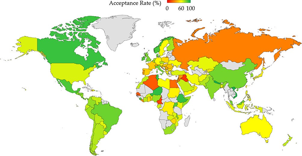 Map of COVID-19 vaccine acceptance rates per country | JMDH