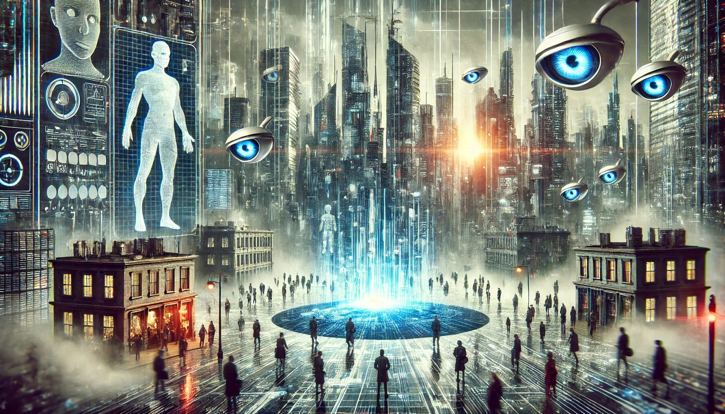 An evocative image of a futuristic society dominated by technocracy. The scene shows a technologically advanced cityscape with towering skyscrapers representing corporate and elite power, under constant surveillance. In the foreground, small and distant citizens are surrounded by holographic screens and flowing data streams, controlled by faceless figures or AI-driven machines. The image conveys the tension between rapid technological progress and individual autonomy, with a dual atmosphere of innovation and caution, capturing the potential loss of democratic freedoms in this advanced society. An evocative image of a futuristic society dominated by technocracy. The scene shows a technologically advanced cityscape with towering skyscrapers representing corporate and elite power, under constant surveillance. In the foreground, small and distant citizens are surrounded by holographic screens and flowing data streams, controlled by faceless figures or AI-driven machines. The image conveys the tension between rapid technological progress and individual autonomy, with a dual atmosphere of innovation and caution, capturing the potential loss of democratic freedoms in this advanced society.