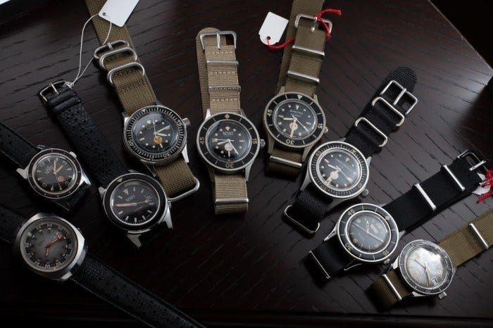 The vintage Fifty Fathoms Collection on display at the Blancpain boutique (Photo by Atom Moore) The vintage Fifty Fathoms Collection on display at the Blancpain boutique (Photo by Atom Moore)