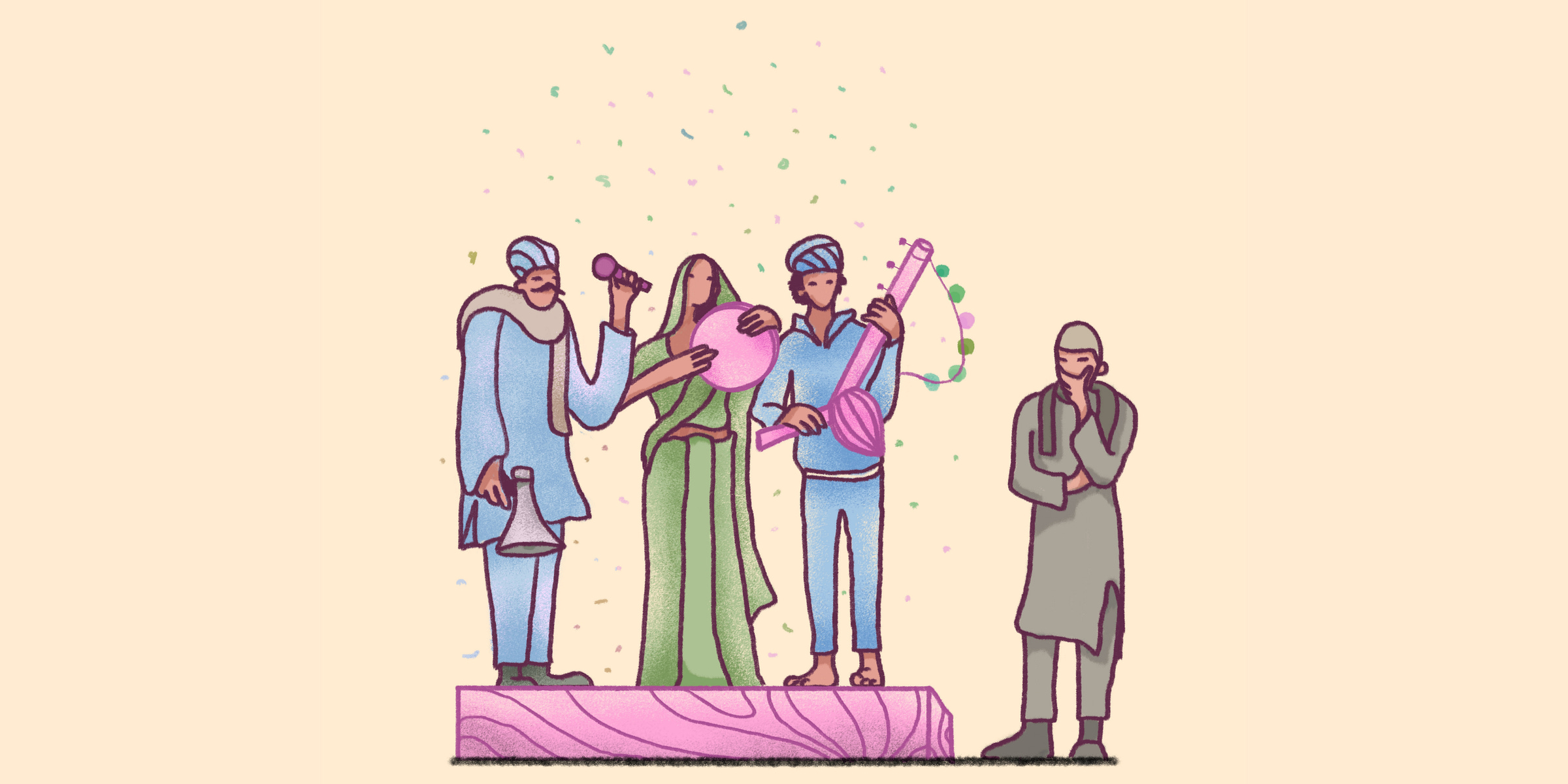 Art showing 2 musicians on the stage one woman playing the drum and another man with violin are acompanied by a singer with a mic and speaker where a man next to the stage standing is looking at them Art showing 2 musicians on the stage one woman playing the drum and another man with violin are acompanied by a singer with a mic and speaker where a man next to the stage standing is looking at them