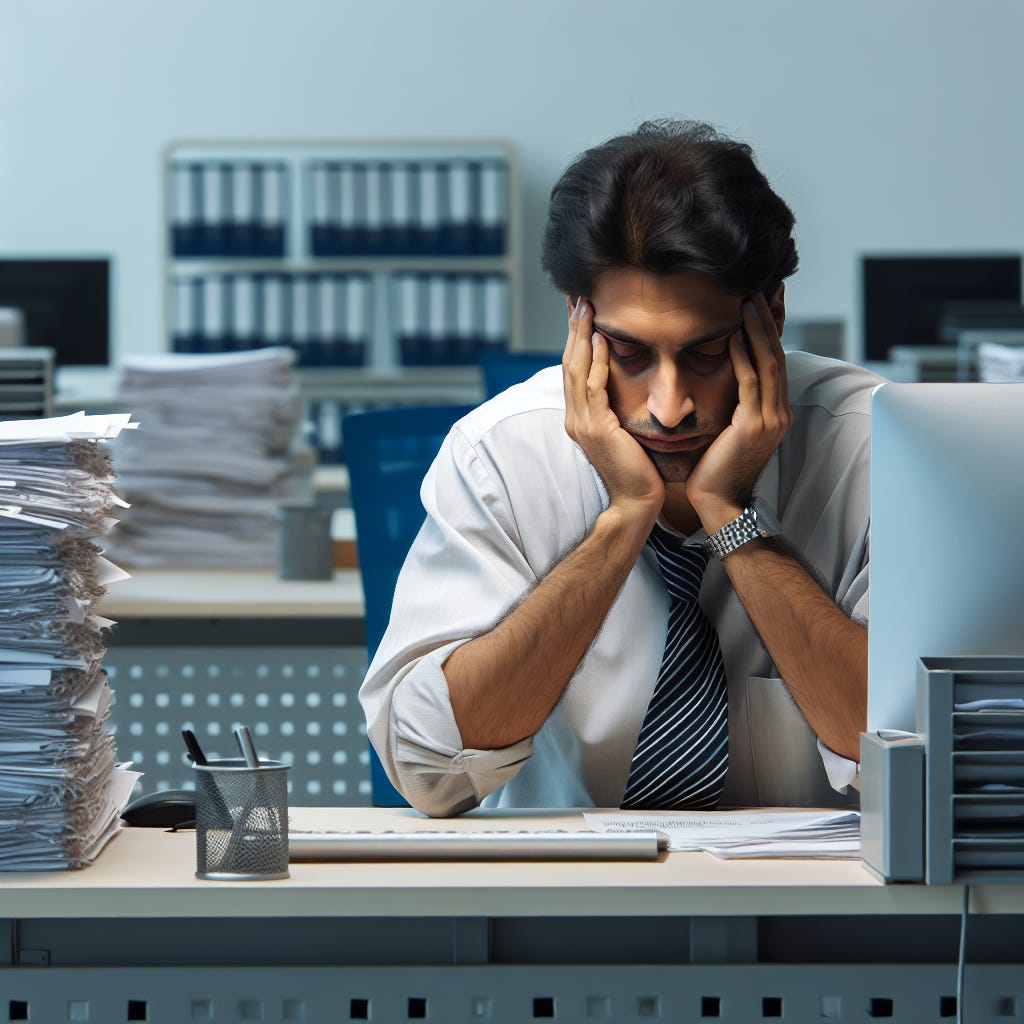 a tired employee, burnt out at work but also burnt out by all of the awful news they consume every day, in a sterile office with no character