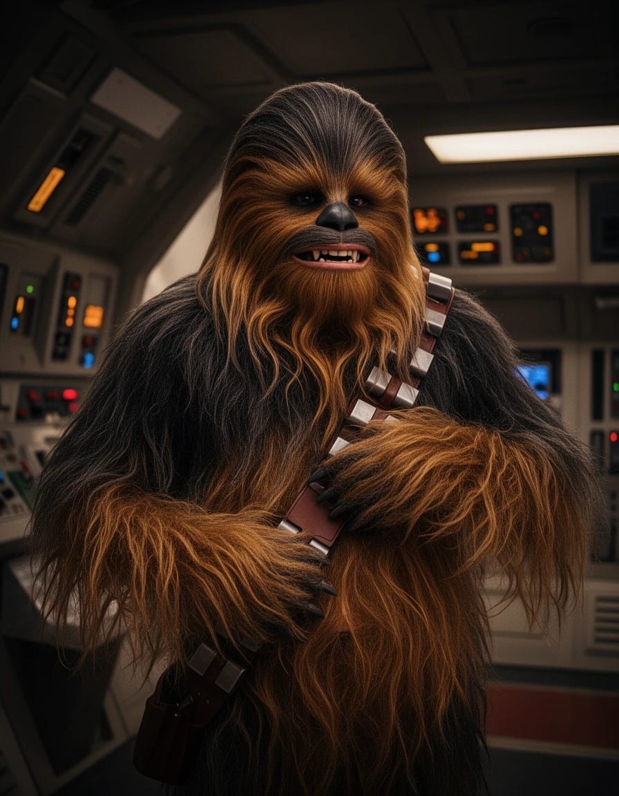 Star Wars Wookie tickling his belly with his left hand