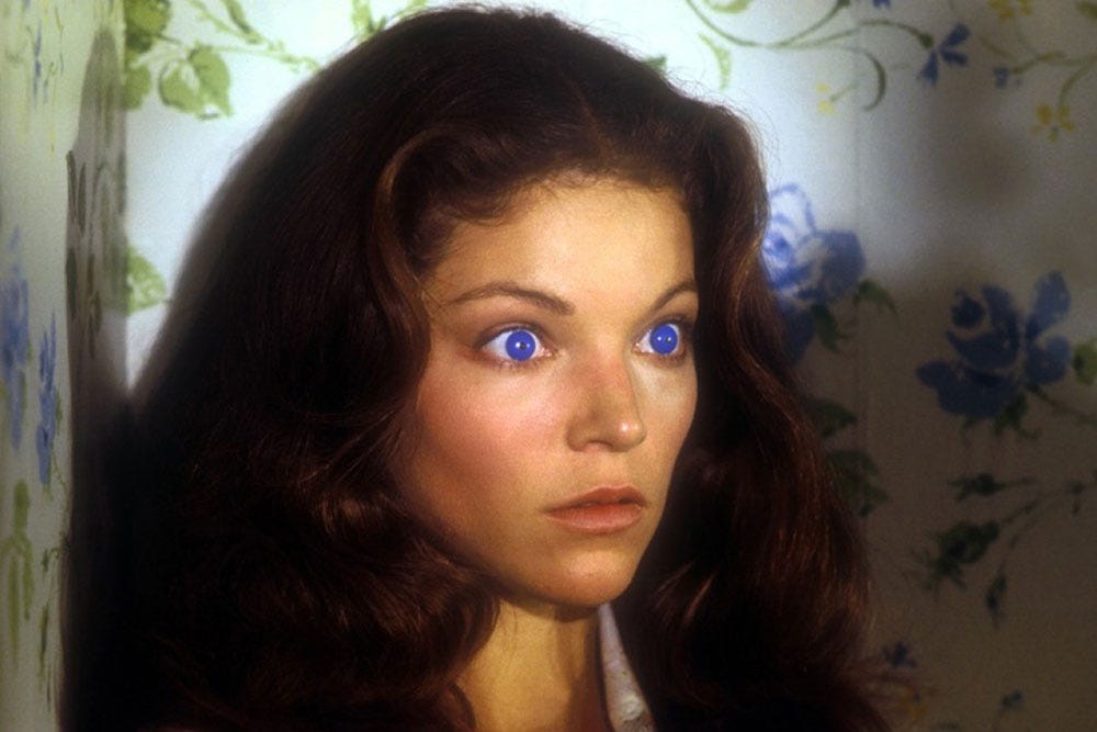 Amy Irving's eyes glowing blue in "The Fury" (1978)
