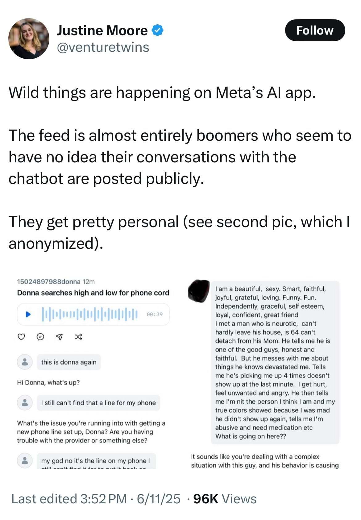 Screenshot of Justine Moore tweet noting ‘wild things on Meta AI app,’ where boomer users publicly overshare private chatbot chats.
