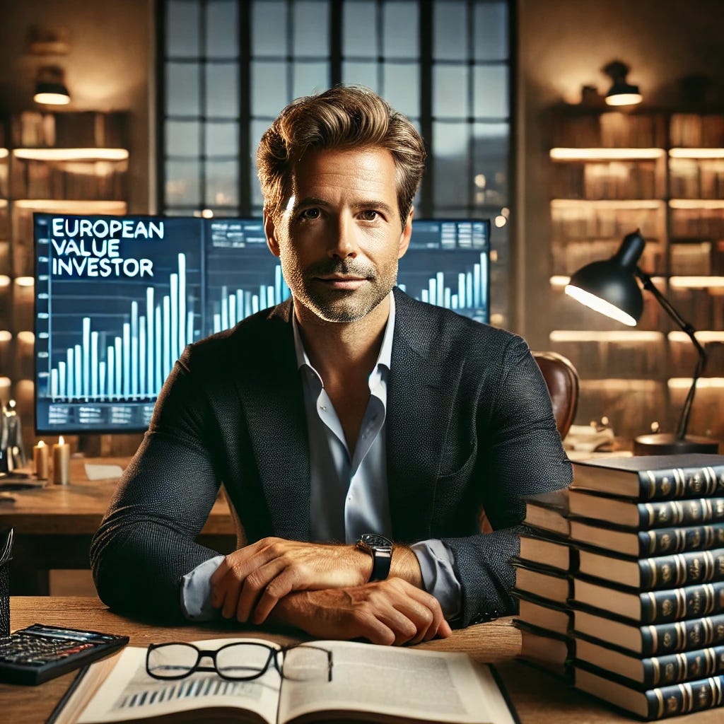 A slightly older male investor, in his early 40s, with slightly longer hair and a clean-shaven face, sitting at a large wooden desk surrounded by stacks of finance books. A big computer monitor in front of him displays the words 'European Value Investor'. The setting is a sophisticated home office with warm lighting, a modern yet cozy ambiance, and financial charts visible in the background. The investor has a confident and experienced professional appearance. A slightly older male investor, in his early 40s, with slightly longer hair and a clean-shaven face, sitting at a large wooden desk surrounded by stacks of finance books. A big computer monitor in front of him displays the words 'European Value Investor'. The setting is a sophisticated home office with warm lighting, a modern yet cozy ambiance, and financial charts visible in the background. The investor has a confident and experienced professional appearance.