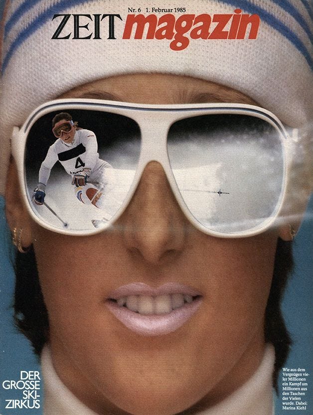 This may contain: a magazine cover with a woman wearing sunglasses and a hat on top of her head