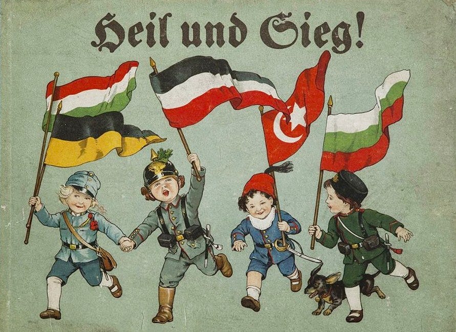 four children dressed in military attire bearing the flags of Austria-Hungary, Germany, Ottoman Empire and Bulgaria under words "Heil Und Gieg!" four children dressed in military attire bearing the flags of Austria-Hungary, Germany, Ottoman Empire and Bulgaria under words "Heil Und Gieg!"
