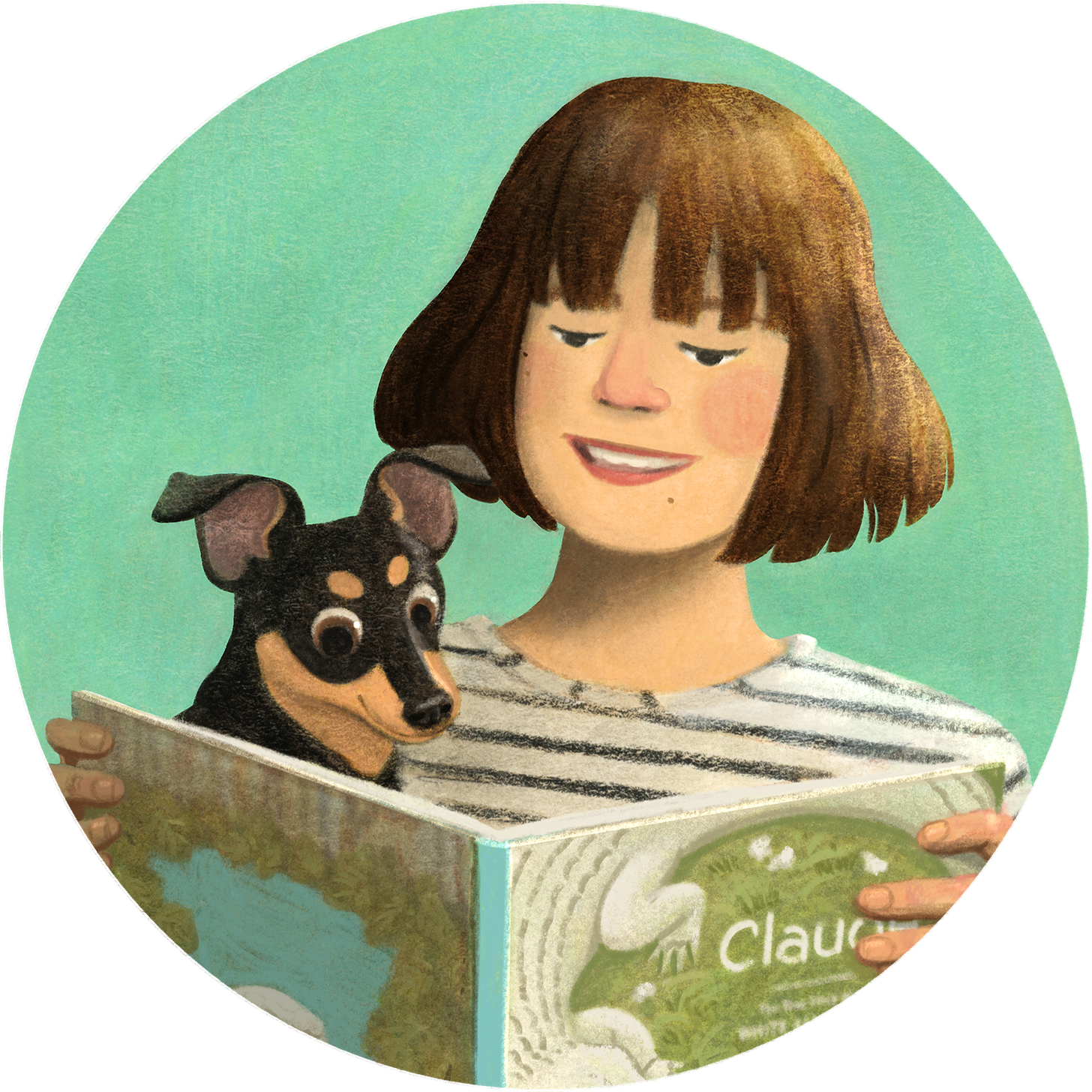 Illustration of a profile pic by Jennifer M Potter. The pic is a self portrait of Jennifer reading her book, Claude, to her dog, Frisket.
