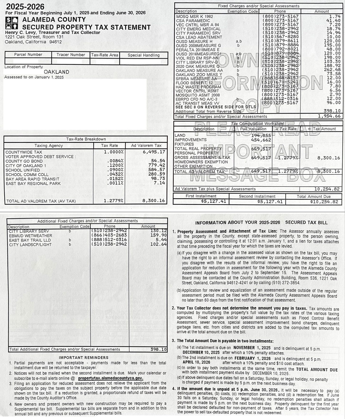 A property tax bill for a typical Oakland single family home with an assessed value of $650,000 – somewhat less than Oakland’s current $729,000 median single family home sale price. Like most homes in Oakland, this home is subject to 33 different property taxes totaling $10,254 per year. This equates to 1.58% of the home’s assessed value and over 10% of the area median household income. (Image source: Oakland Report) A property tax bill for a typical Oakland single family home with an assessed value of $650,000 – somewhat less than Oakland’s current $729,000 median single family home sale price. Like most homes in Oakland, this home is subject to 33 different property taxes totaling $10,254 per year. This equates to 1.58% of the home’s assessed value and over 10% of the area median household income. (Image source: Oakland Report)