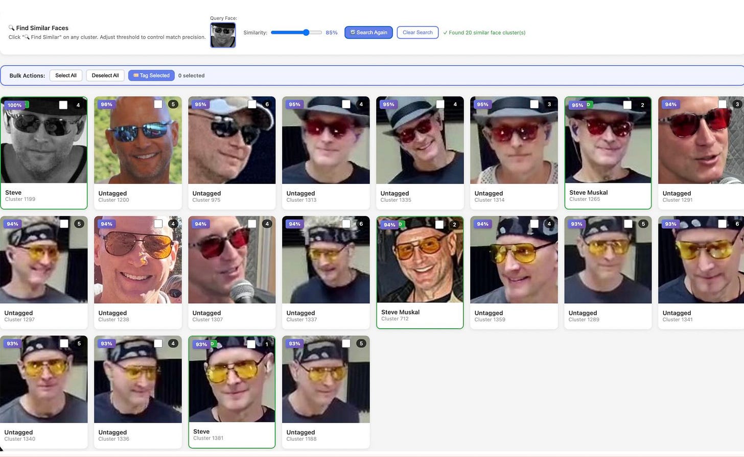 May be an image of text that says 'Fin Cik Similar Faces Find5mlar any cluster. Adjust 真に感 contra precision. Bulk Simiarily: SelectAll DeselectAl 85% Tap Selected 100% SuerdiAgan Cleur Bwanch selected 9G% Faind20 simdar NCD "លា់ 95% 8E% 96% Steve 1188 9G% Untagged 1200 95% 94% 94%6 Untagged Clanher875 94% Untagged Clueter1313 94%6 Untagged Custer 1336 94%6 Untagged Clster1314 94% Steve Musikal Chinter 1765 Untagged 94% Untagged 1781 03% Untagged 238 93% Untagged 93% 93% Untagged 03% Steve Muskal 93% Untagged 5 Untagged 1209 Untagged Clster1340 Untagged Untagged Cluster1338 Steve Clusbar 1381 Untagged Clustar1188' May be an image of text that says 'Fin Cik Similar Faces Find5mlar any cluster. Adjust 真に感 contra precision. Bulk Simiarily: SelectAll DeselectAl 85% Tap Selected 100% SuerdiAgan Cleur Bwanch selected 9G% Faind20 simdar NCD "លា់ 95% 8E% 96% Steve 1188 9G% Untagged 1200 95% 94% 94%6 Untagged Clanher875 94% Untagged Clueter1313 94%6 Untagged Custer 1336 94%6 Untagged Clster1314 94% Steve Musikal Chinter 1765 Untagged 94% Untagged 1781 03% Untagged 238 93% Untagged 93% 93% Untagged 03% Steve Muskal 93% Untagged 5 Untagged 1209 Untagged Clster1340 Untagged Untagged Cluster1338 Steve Clusbar 1381 Untagged Clustar1188'