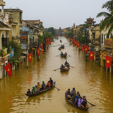 A dramatic flood scene in Vietnam: streets submerged under muddy water, people wading through waist-deep currents, motorbikes half-submerged, and rescue boats navigating between houses. The sky is overcast, heavy with storm clouds, evoking urgency and resilience.