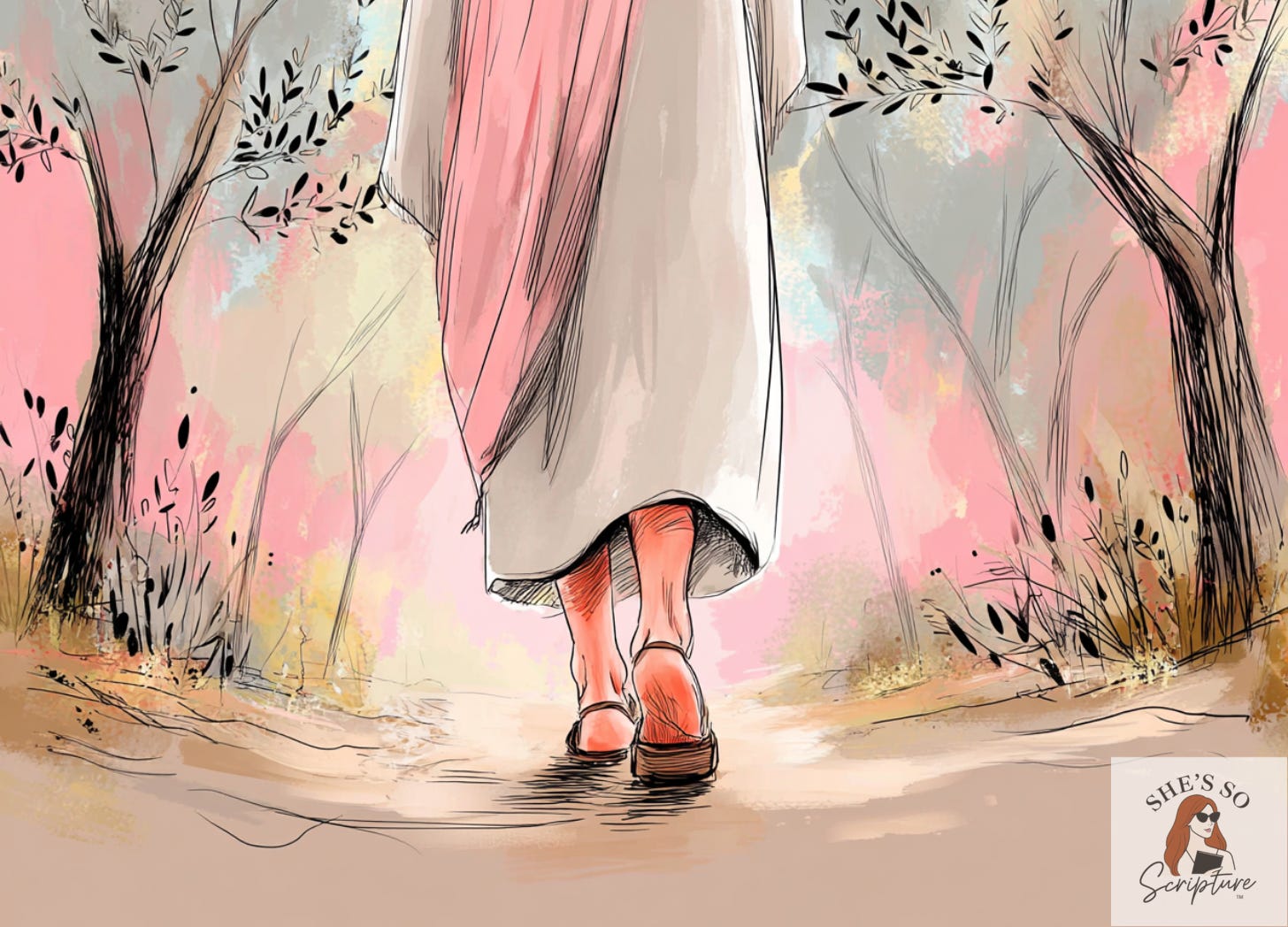 Illustration of a sunlit path in ancient Galilee with footprints in the dust leading toward a Rabbi in flowing robes, symbolizing the call to follow Jesus.