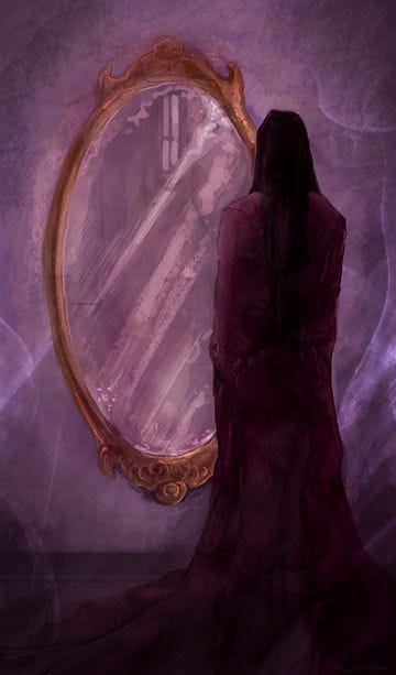 A female figure stares into the mirror and sees only the hint of a reflection.