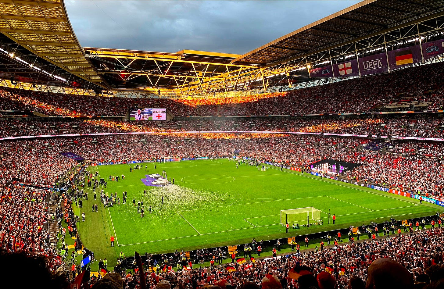 Women's Euros trophy scene at a full Wembley Stadium