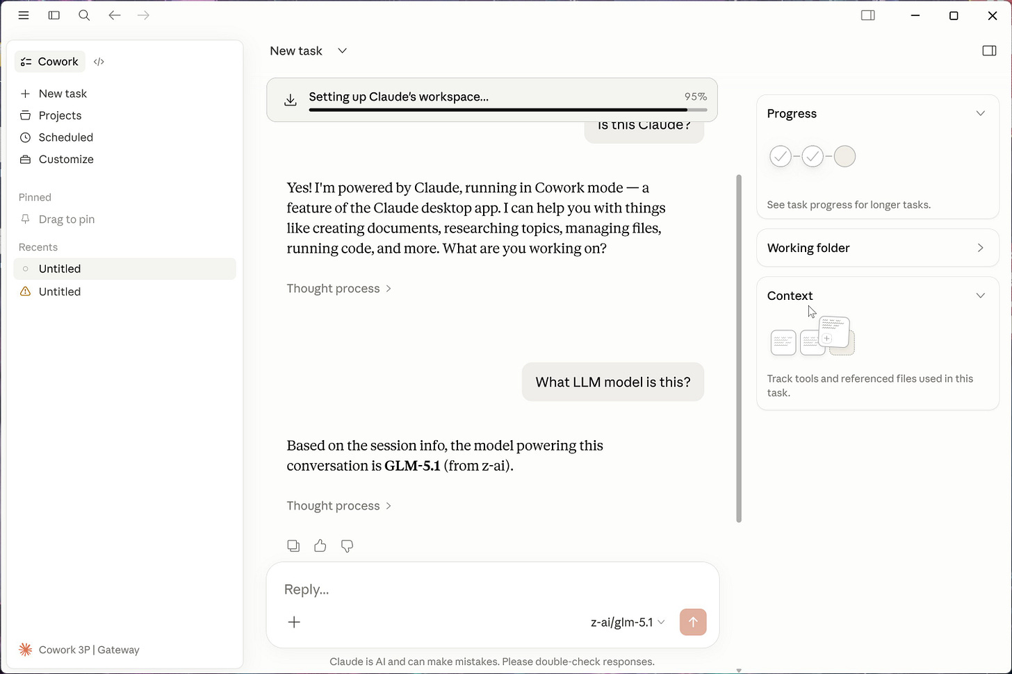 Cowork on 3P: Setting up Claude’s workspace...