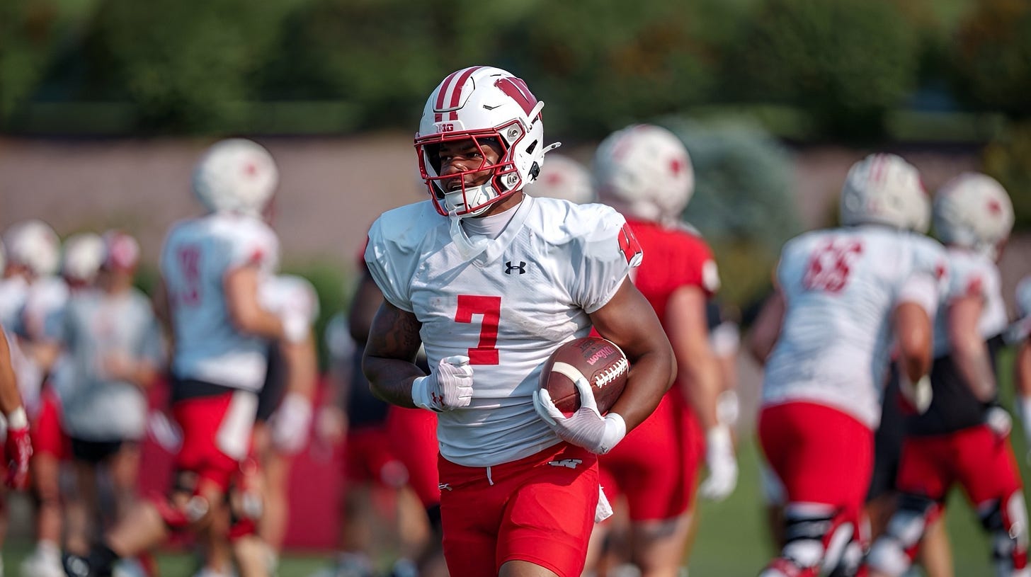 Wisconsin Badgers running back Dilin Jones carries the ball in fall camp practice at UW–Platteville.