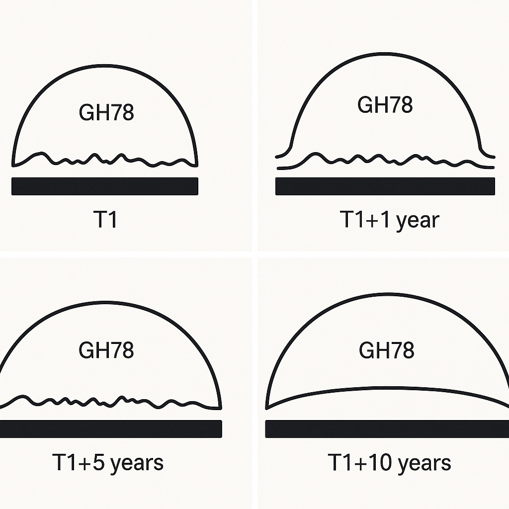 Four dome-shaped outlines labeled GH78, each resting on a dark base bar. – T1: smaller dome with uneven wavy base. – T1+1 year: taller dome, base slightly smoother. – T1+5 years: larger dome, still some wave at bottom. – T1+10 years: widest dome, smooth foundation line. Shows expansion and stabilization of GH78 across time.