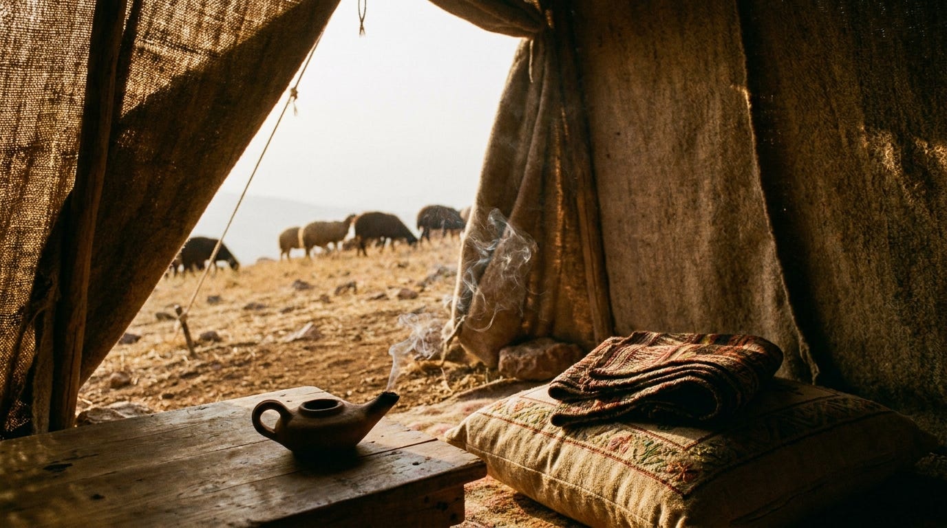 A shepherd's tent at first light on a hillside, a lamp burnt out on a low table, a woven bridal veil folded on a cushion, sheep grazing beyond, no text, no faces