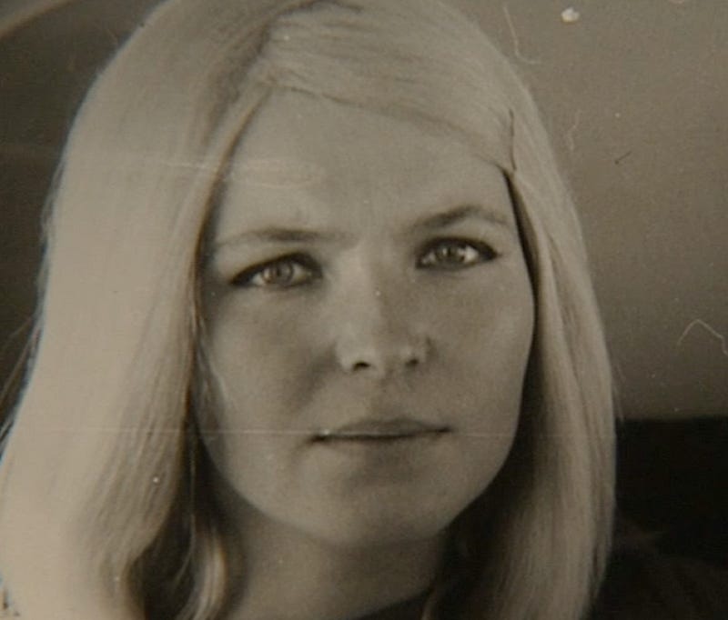 Anna Porizkova, a beautiful blond lady with light eyes, in a black and white photograph from the Czech Archives of the Ministry of Interior.