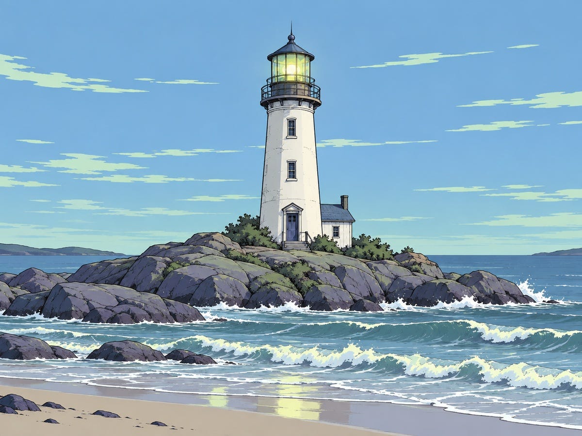 A softly stylized lighthouse stands centered on a rocky shoreline as gentle waves roll toward the beach, illustrated in a bright, slightly edgy graphic-novel style with muted blue, green, lavender, and pale yellow tones. A softly stylized lighthouse stands centered on a rocky shoreline as gentle waves roll toward the beach, illustrated in a bright, slightly edgy graphic-novel style with muted blue, green, lavender, and pale yellow tones.