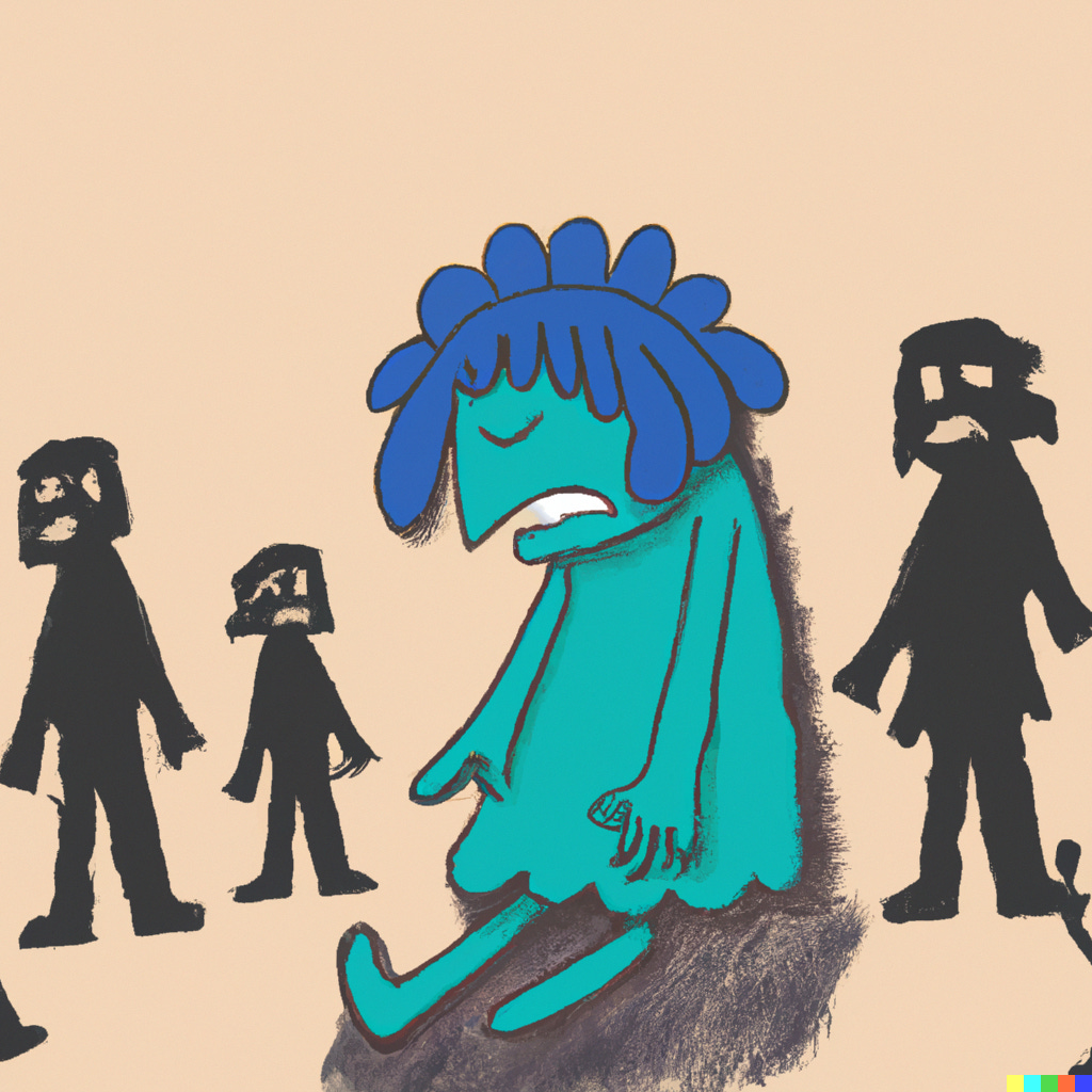 A blue cartoon figure sits in the middle of black figures being judged and ridiculed. A blue cartoon figure sits in the middle of black figures being judged and ridiculed.