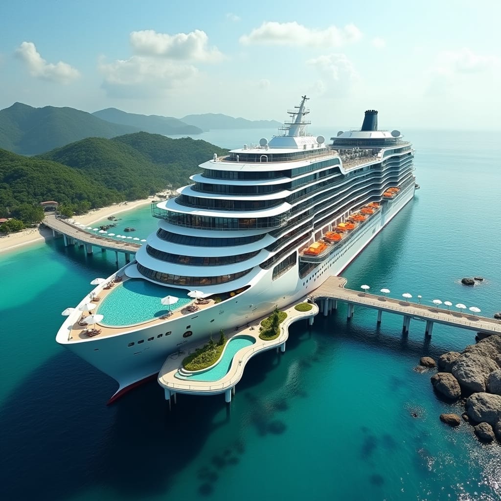 A sleek, floating modern 20-story hotel in the shape of a cruise ship as on jamaicas sea with a bridge across to land, its Protruding windows, multiple swimming suspending above ground and on the ground merging into sea. platforms create a dynamic, futuristic aesthetic, evoking a sense of tropical modernity