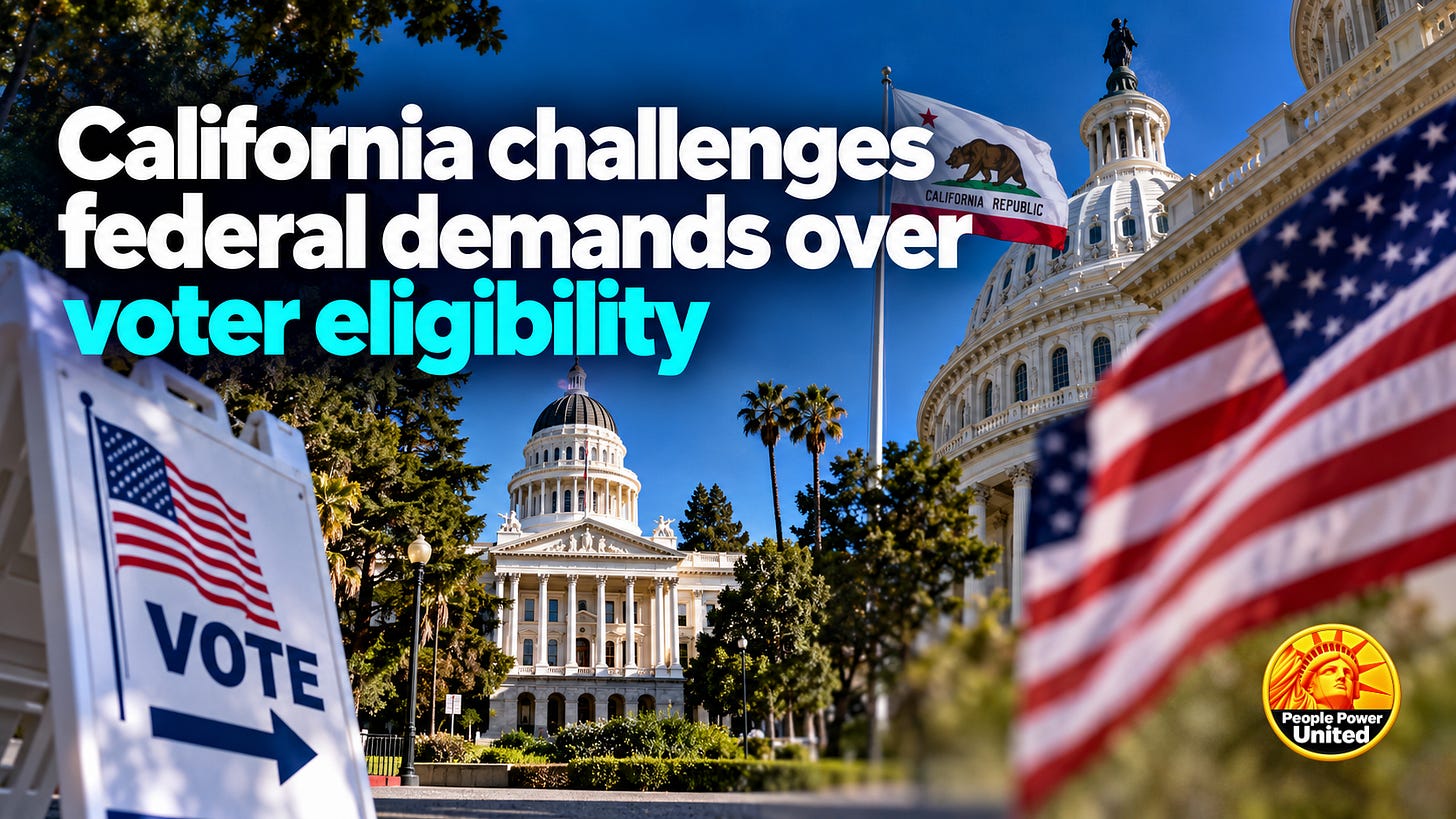 California challenges federal demands over voter eligibility. California challenges federal demands over voter eligibility.